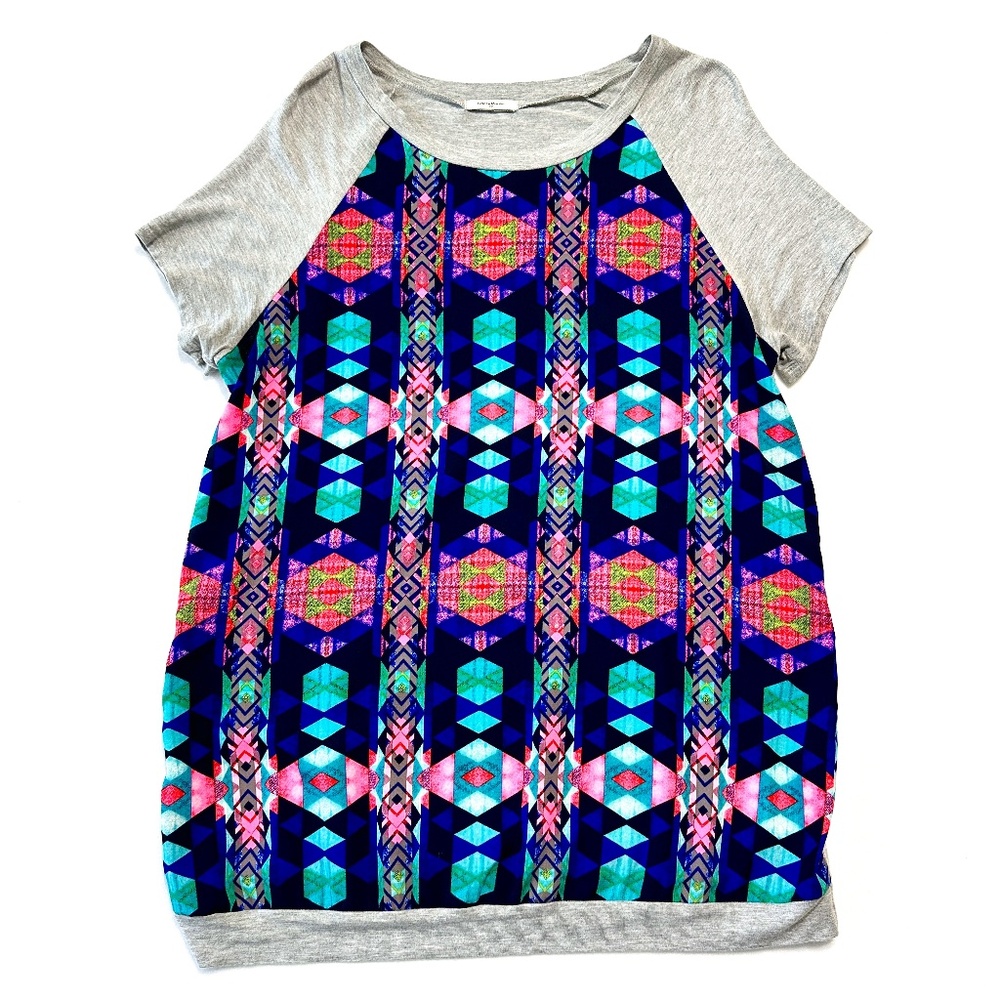 12PM by Mon Ami Tunic Top Womens Large Colorful Short Sleeve Boutique Blouse